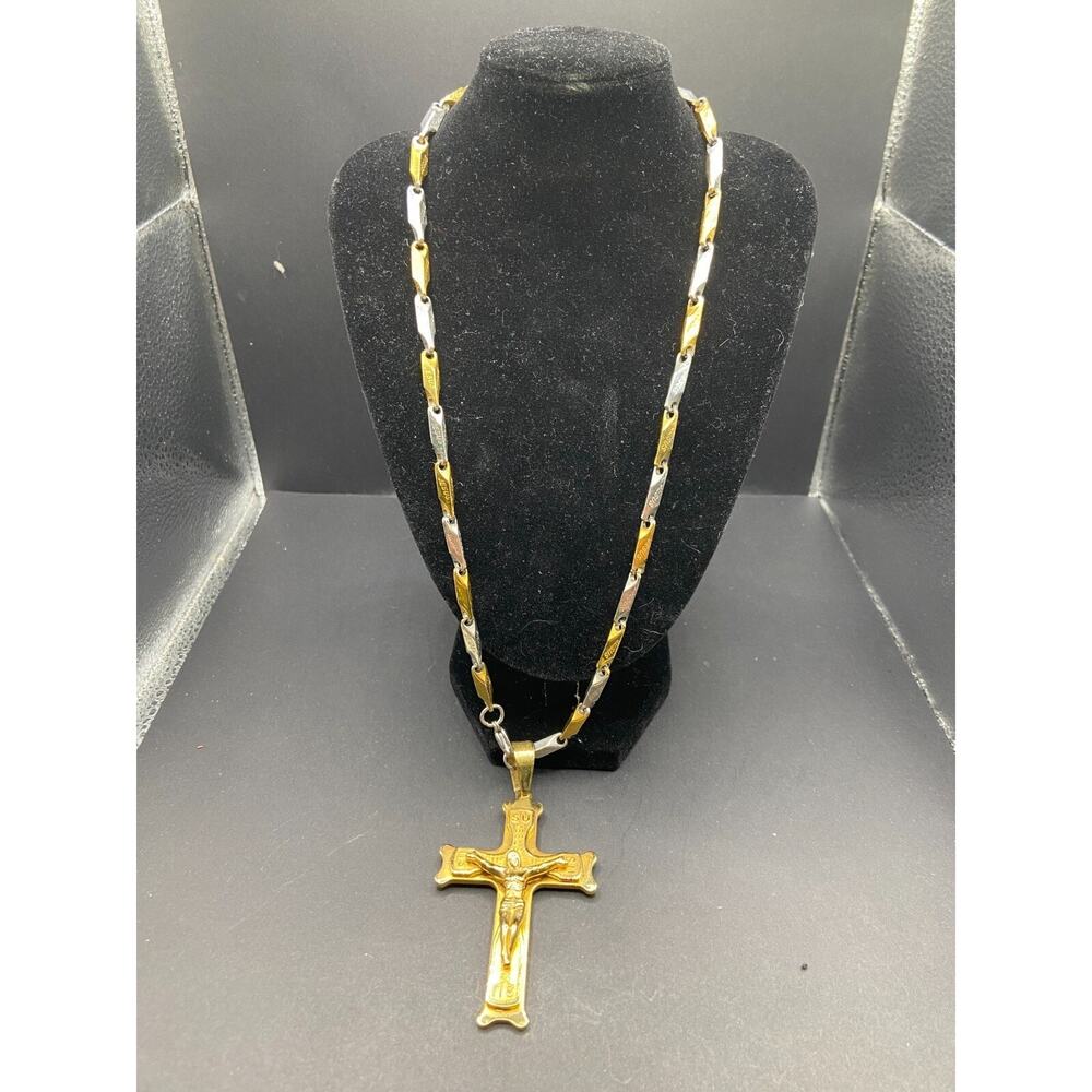 Gold & Silver Tone Jesus Engraved Chain With Stainless Steel Gold Tone Crucifix